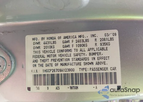 2009 Honda Accord 2.4 Ex z USA, uszkodzony, nr VIN 1HGCP26709A123900